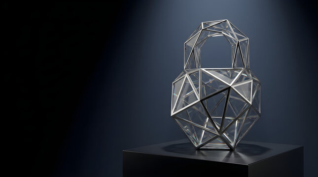 Abstract 3D geometric wireframe cube sculpture on black pedestal in dark studio lighting