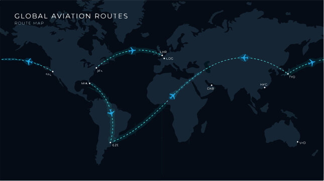 Global aviation routes map vector, dark world map with airplane flight paths, international airline travel connections and logistics background