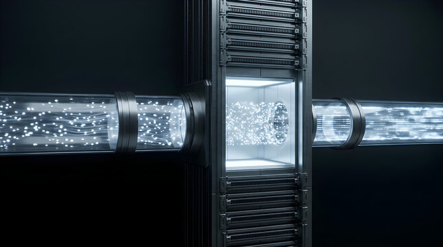 Digital security checkpoint with glowing data flow and binary code in dark futuristic setting