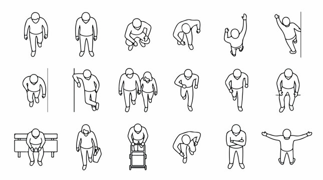 Minimalist top view people icons, architectural scale figures in bird's eye perspective, set of 18 outline vector human silhouettes for floor plans