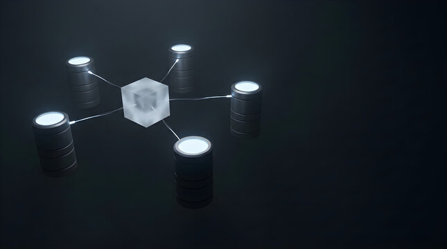 Futuristic AI drone network with central data node in dark high-tech environment