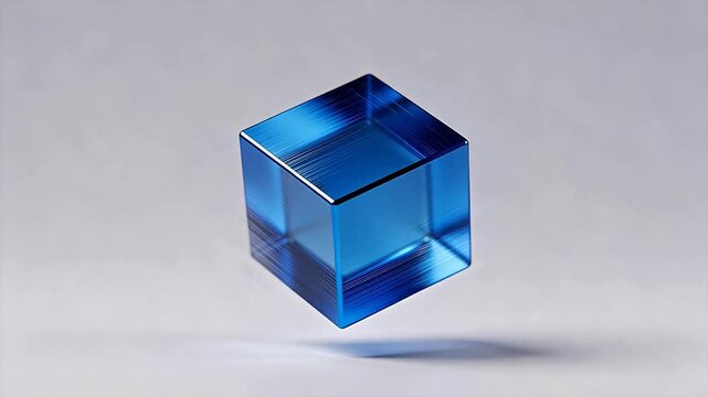 Blue transparent glossy cube floating over light gray background with soft shadow