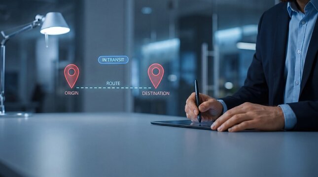 Holographic logistics route map with origin to destination tracking and transit status on tablet for supply chain delivery management and operations planning