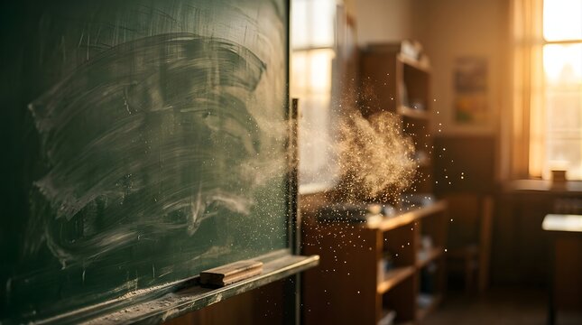 Chalk dust particles exploding from a green blackboard in a sunny classroom