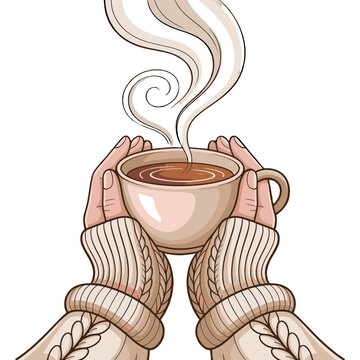 A close-up of hands holding a steaming cup of coffee, wrapped in a cozy sweater.