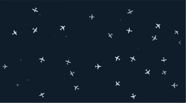 Minimalist airplane pattern on dark blue background, seamless aviation vector texture, white aircraft silhouettes flying in night sky