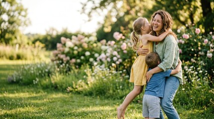 Fototapeta premium Happy Caucasian mother hugging young daughter and son in sunny garden, joyful family lifestyle portrait, authentic childhood love and parenting connection concept
