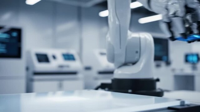 White robotic arm with a three-fingered mechanical gripper hovering over a blue computer microchip in a high-tech electronics manufacturing facility and research laboratory.