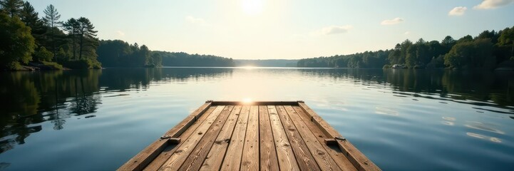 Naklejka premium Floating wooden dock on tranquil Swedish lake, sunlit water , summer, landscape