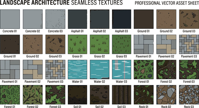 Professional landscape architecture seamless textures asset sheet featuring concrete asphalt ground grass pavement water forest soil rock vector illustration