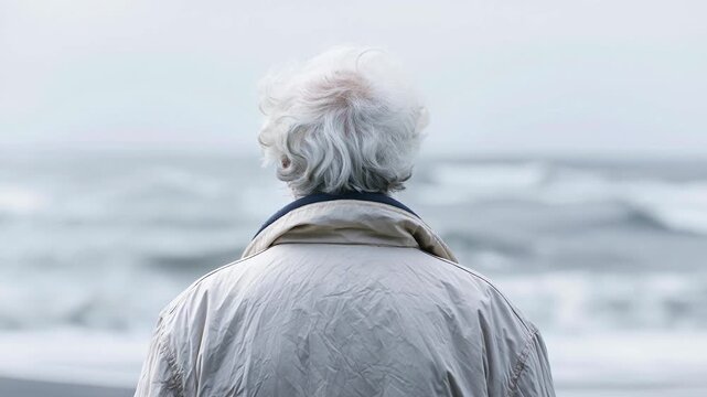 Elderly person with white hair wearing light jacket standing by ocean shore on cloudy day peaceful contemplative reflective mood