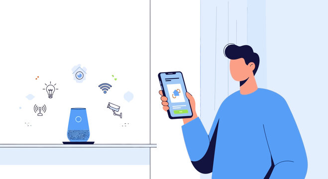 Smart home assistant device and app control, man holding phone