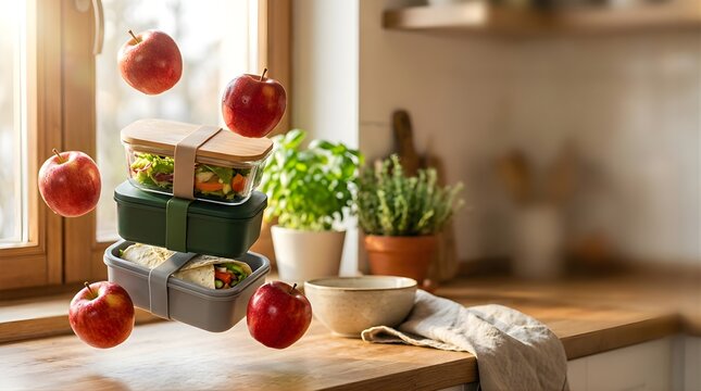Floating lunch boxes and fresh red apples in a sunlit home kitchen