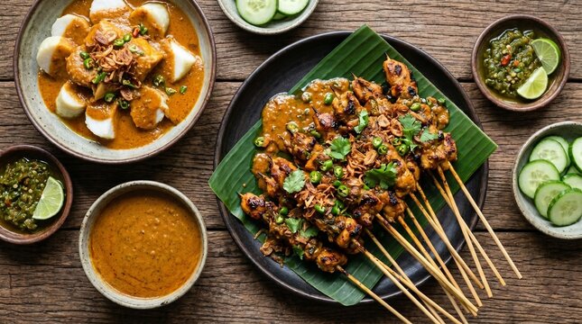 An overhead flat lay of traditional Indonesian chicken satay skewers on a banana leaf and lontong rice cakes drenched in savory chunky peanut sauce, served with green sambal on a wood table.
