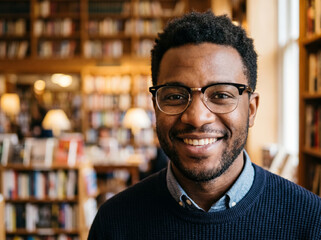 Fototapeta premium Smiling black businessman in modern office or library setting