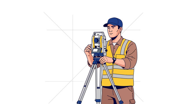 Surveyor using total station on tripod for land surveying and measurement