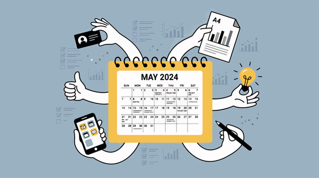 Business planning and multitasking management calendar corporate strategy tools analysis and project deadline schedule vector illustration