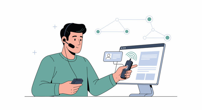 Tech Support Operator with Headset and Devices, Network Icons