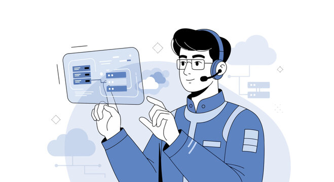 Tech Support Person Interacting with Cloud Server Interface