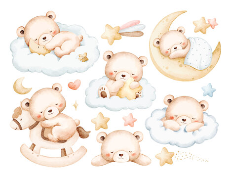 Watercolor Illustration Set of Sleepy Teddy Bears and Nursery Elements