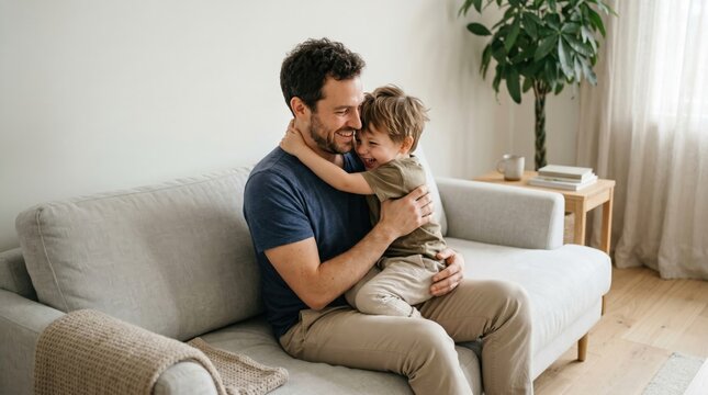 Happy father and young son hugging on a couch at home, authentic candid moment of male parent and male child bonding, lifestyle photography representing love and family connection