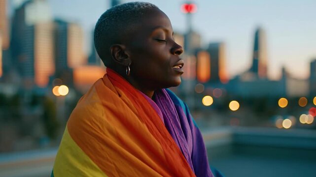 Person wrapped rainbow flag stands peacefully outdoors dusk with colorful cityscape lights celebrating LGBTQ pride equality