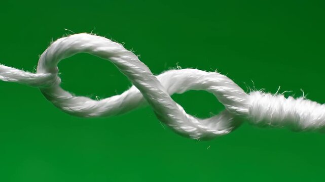 Close up of a white rope tied in a knot on a green background.
