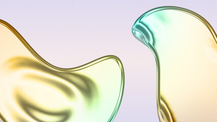 Iridescent Liquid Forms: Abstract shapes of iridescent liquid with metallic sheen reflect a spectrum of colors, creating a visually striking and modern composition. © meze