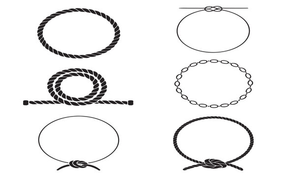 Different types of rope knots and loops illustrated in black and white vector style
