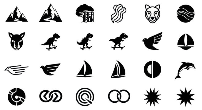 Collection of Black and White Vector Icons: Animals, Nature, Sports, Symbols