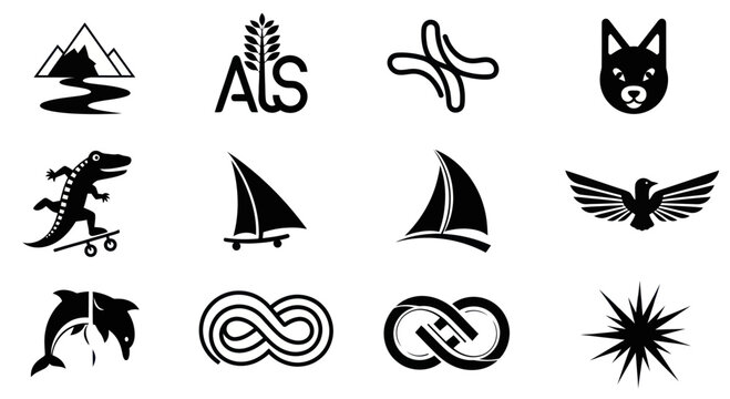 Collection of Black and White Vector Icons: Animals, Nature, Symbols, and Abstract Shapes