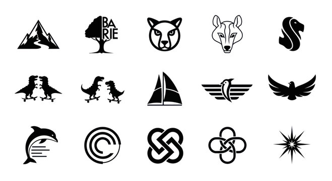 Collection of Black and White Vector Icons: Animals, Nature, Symbols, and Shapes