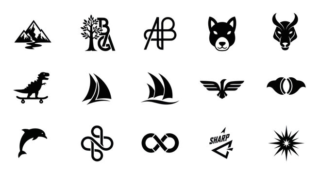 Collection of Black and White Vector Icons: Animals, Nature, Symbols, Shapes