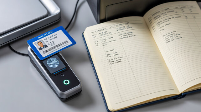 Biometric fingerprint reader and employee ID card employee ID card fingerprint scan security identification