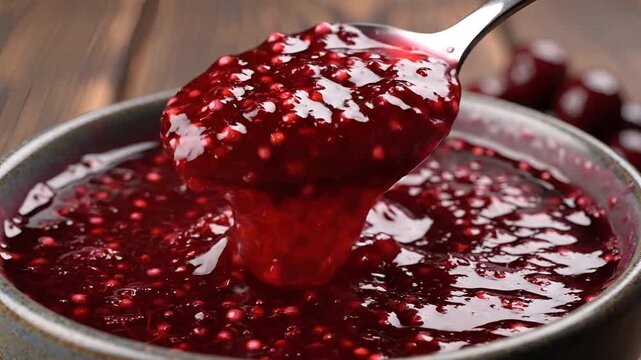 Closeup of delicious homemade raspberry jam being stirred in a bowl.