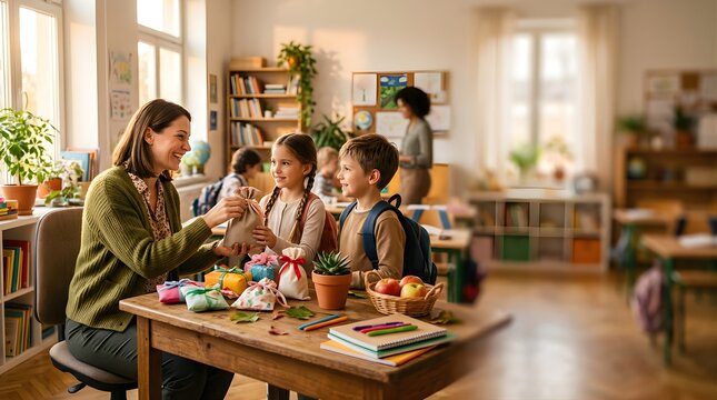 Teacher giving gifts to happy children in a sunny classroom environment
