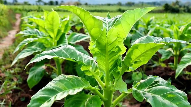Close up of tobacco plants in a field under natural sunlight