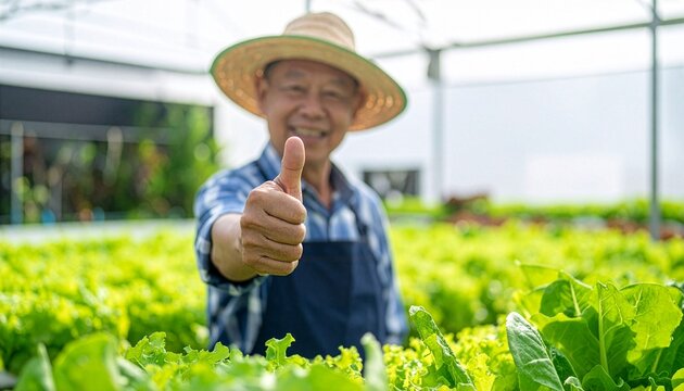 An elderly farmer wearing a straw hat and apron, giving a thumbs-up gesture while standing in a greenhouse filled with lush green lettuce plants. He is smiling warmly at the camera.