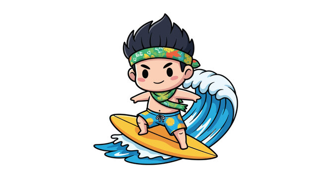 Cheerful cartoon boy surfing on colorful wave board.
