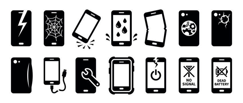 Smartphone repair and damage icons set. Mobile phone broken screen. Cracked display, water damage. No signal, dead battery. Flat black silhouette style
