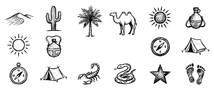 Desert adventure icons set. Travel and exploration symbols. Dune, cactus, palm tree, camel, sun, canteen, compass, tent, scorpion, snake, star, footprints. Hand-drawn doodle style