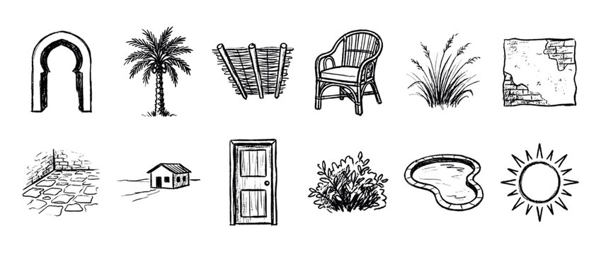 Mediterranean elements icons set. Archway, palm tree, and wicker fence icons. Rattan chair, tall grass, and brick wall icons. Paved floor, small house, and wooden door icons. Bush, swimming