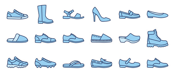 Obraz premium Footwear icons set. Various types of shoes. Sneakers, boots, sandals, heels, loafers, slippers, oxfords, espadrilles, clogs, flip-flops. Flat and line style