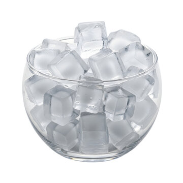 Clear ice cubes in glass bowl on transparent background for cooling beverages during summer season.