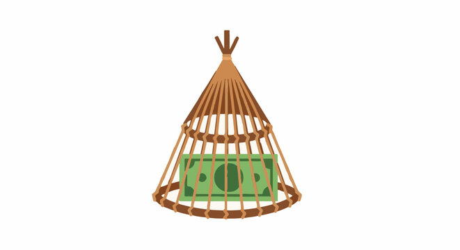 Illustrated teepee with dollar bill design inside structure.