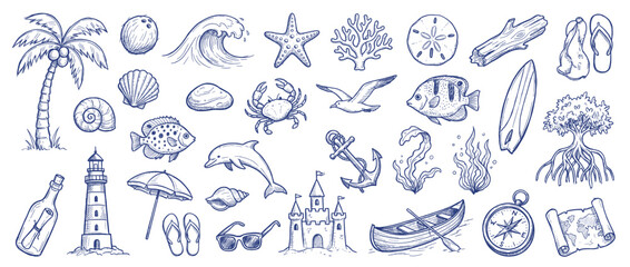 Fototapeta premium Summer vacation icons set. Beach, sea, ocean symbols. Palm tree, crab, fish, boat, lighthouse, map, compass. Hand-drawn doodle style
