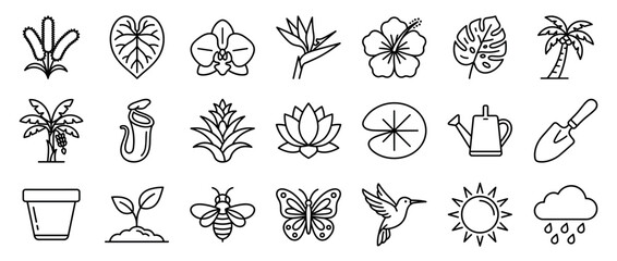 Obraz premium Tropical plant and garden icons set. Exotic flora and gardening tools. Palm tree, banana plant, monstera leaf. Hibiscus, orchid, lotus flower. Butterfly, bee, hummingbird. Sun, rain cloud