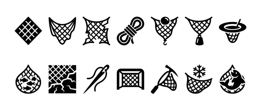 Fishing net icons set. Fishnet symbol. Fishing, hunting, sport equipment. Rope, needle, fish, ice, snowflake. Solid black silhouette style