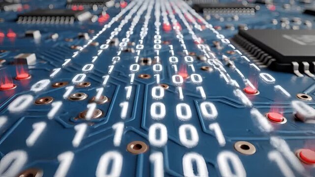 Digital Binary Code Flowing on a Blue Circuit Board Background.