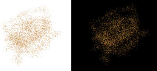 Golden glitter dust explosion on black and white backgrounds, sparkling sand particles texture, shimmering metallic powder spray for luxury design © Motion Mania